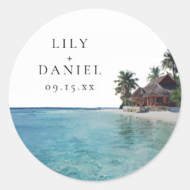 Watercolor Tropical Beach Destination Wedding Runder Aufkleber