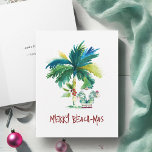 Watercolor Tropical Beach Faltkarten für Weihnacht Feiertagskarte<br><div class="desc">Der tropische Strand mit gefalteten Weihnachtskarten ist mit einer inselinspirierten exotischen Palme und dem niedlichen Weihnachtsfeiertag ausgestattet. Die Wörter "Merry Beach-mas" sind handgeschriebene Sets. Die Karte öffnet sich, um eine reichhaltige rote Beerenfarbe aufzudecken. Verwenden Sie die Vorlagenfelder, um Ihren personalisierten Gruß hinzuzufügen. Eine charmante und lustige Wahl, um diese Feriensaison...</div>