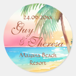 Watercolor Tropical Beach Hochzeitsticker Runder Aufkleber
