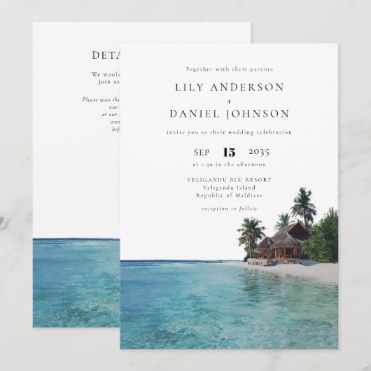 Watercolor Tropical Beach QR Code Wedding Einladung (Vorne/Hinten)