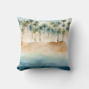 Watercolor Tropical Beach Scene Palms Sand Ocean Kissen
