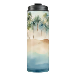 Watercolor Tropical Beach Scene Palms Sand Ocean Thermosbecher