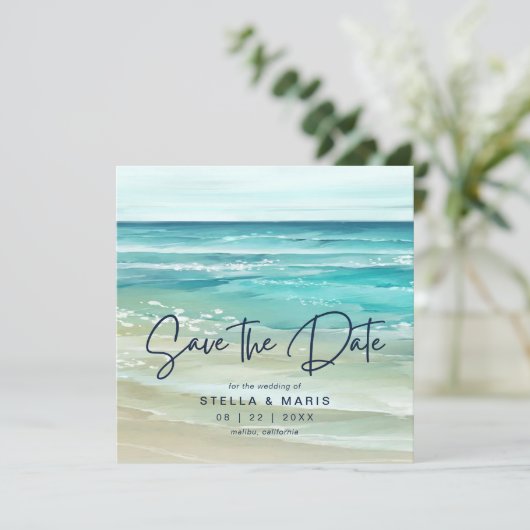 Watercolor Tropical Beach Waves Save The Date (Stehend Vorderseite)