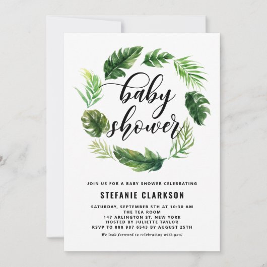 Watercolor Tropical Blätter Wreath Baby Dusche Einladung (Vorderseite)