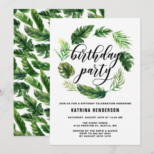 Watercolor Tropical Blätter Wreath Birthday Party Einladung (Vorne/Hinten)