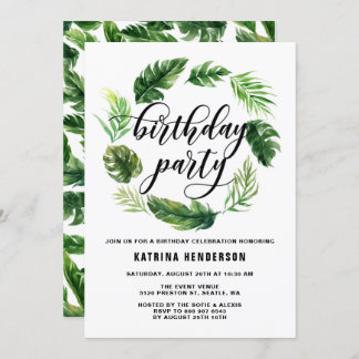 Watercolor Tropical Blätter Wreath Birthday Party Einladung