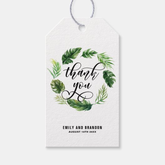 Watercolor Tropical Blätter Wreath Vielen Dank ddd Geschenkanhänger (Vorderseite)