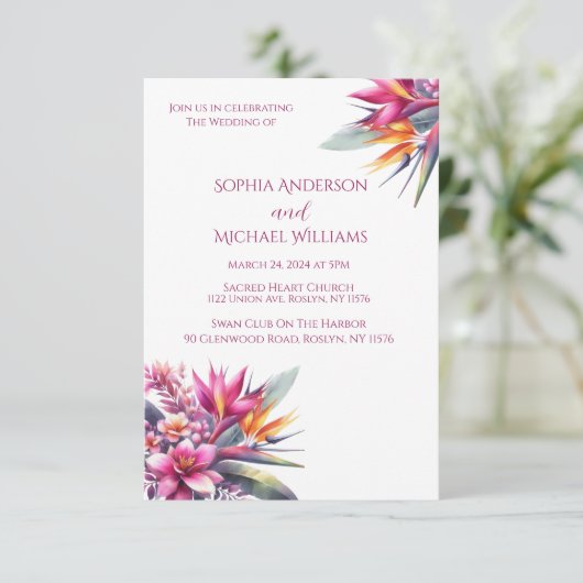Watercolor Tropical Bliss Wedding Thema Einladung (Stehend Vorderseite)