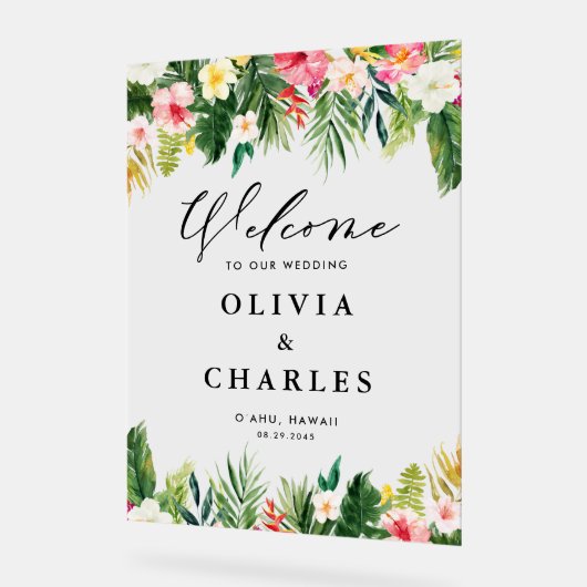Watercolor Tropical Blume Sommerhochzeit Willkomme Acrylschild (Winkel)