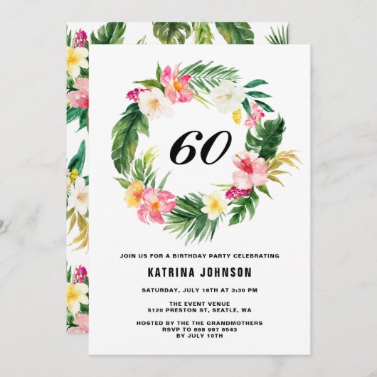 Watercolor Tropical Blume Wreath Birthday Party Einladung (Vorne/Hinten)