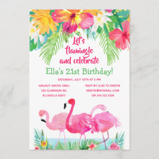 Watercolor Tropical Flamingo Birthday Einladung