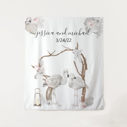 Watercolor Tropical Flamingo Boho White Floral Wandteppich (Vorderseite)