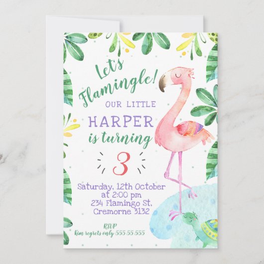 Watercolor Tropical Flamingo Einladung zum Geburts (Vorderseite)