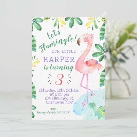 Watercolor Tropical Flamingo Einladung zum Geburts (Stehend Vorderseite)