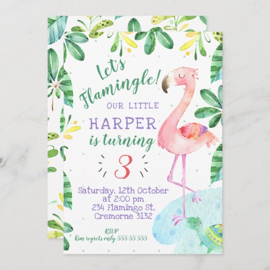 Watercolor Tropical Flamingo Einladung zum Geburts (Vorne/Hinten)