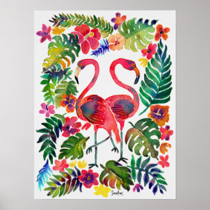 Watercolor Tropical Flamingos Poster