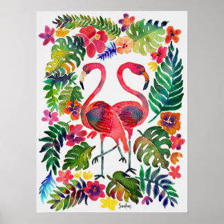 Watercolor Tropical Flamingos Poster