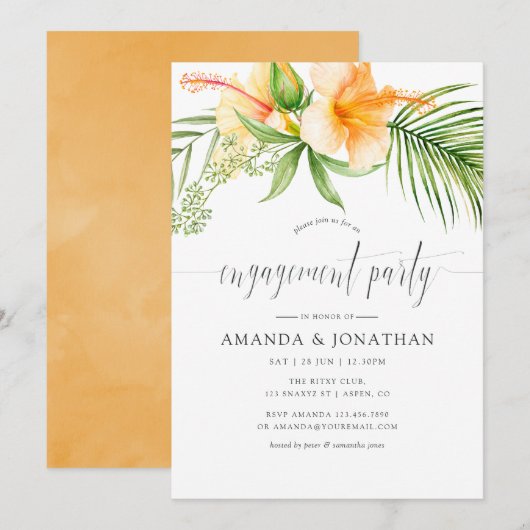 Watercolor Tropical Floral Beach Engagement Party Einladung (Vorne/Hinten)