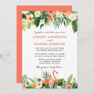 Watercolor Tropical Floral Flamingo Wedding Coral Einladung