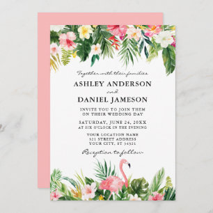 Watercolor Tropical Floral Flamingo Wedding Pink Einladung