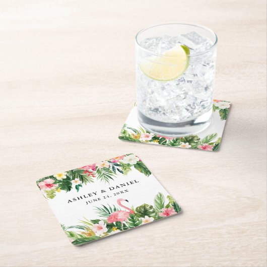 Watercolor Tropical Floral Flamingo Wedding Rechteckiger Pappuntersetzer (Vor Ort)