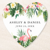 Watercolor Tropical Floral Flamingo Wedingo Herz Untersetzer (Vorderseite)