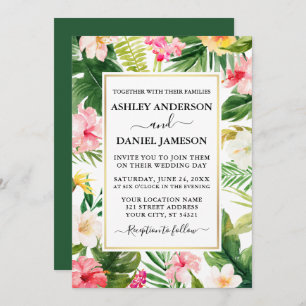 Watercolor Tropical Floral Gold Frame Wedding Einladung