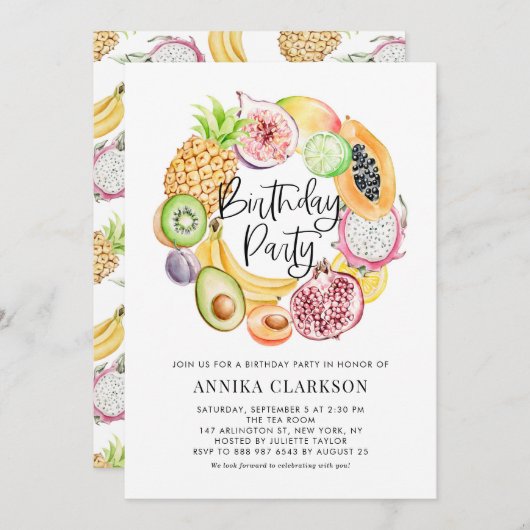 Watercolor Tropical Fruits Summer Birthday Party Einladung (Vorne/Hinten)