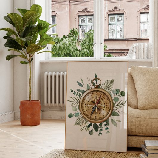 Watercolor Tropical Green Blätter Nature Compass Poster
