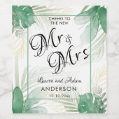 Watercolor Tropical Green Mr. & Mrs. Wedding Weinetikett (Einzelnes Label)