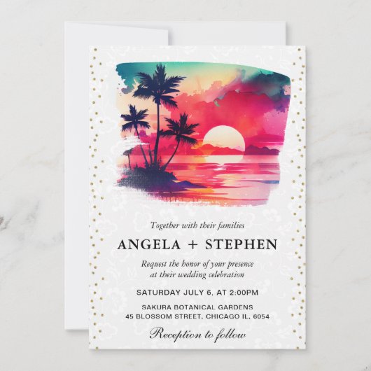 Watercolor Tropical Island Sunset Wedge Einladung (Vorderseite)