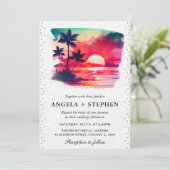 Watercolor Tropical Island Sunset Wedge Einladung (Stehend Vorderseite)