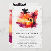 Watercolor Tropical Island Sunset Wedge Einladung (Vorne/Hinten)