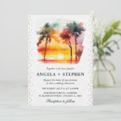 Watercolor Tropical Island Sunset Wedge Einladung (Stehend Vorderseite)