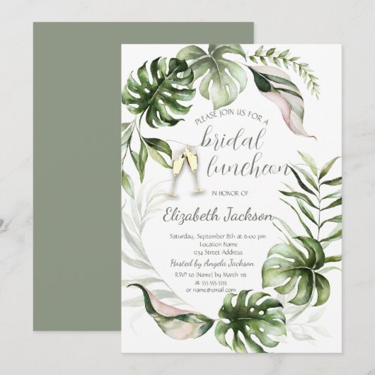 Watercolor Tropical Leaves Greenery  Einladung (Vorne/Hinten)