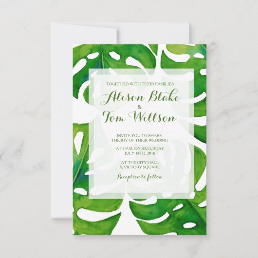 Watercolor tropical leaves wedding einladung (Vorderseite)
