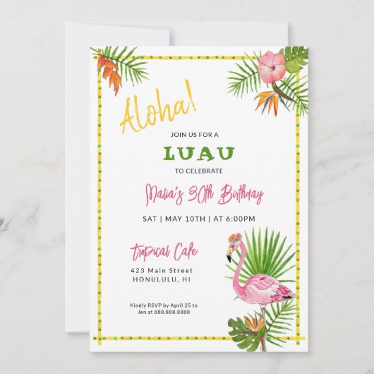 Watercolor Tropical Luau Birthday Party Einladung (Vorderseite)