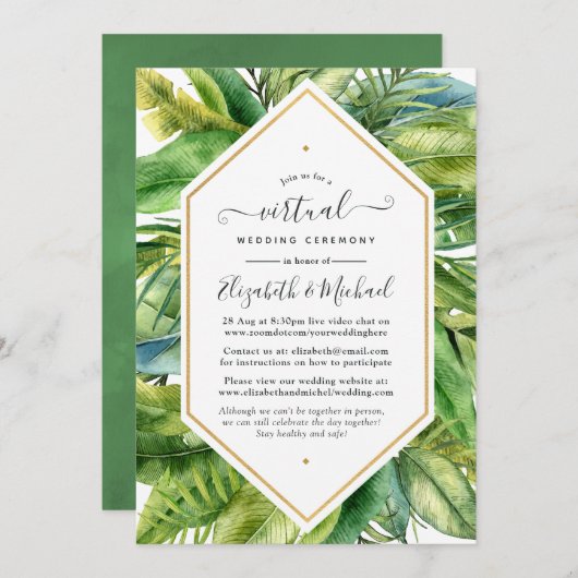 Watercolor Tropical Online Virtual Wedding Einladung (Vorne/Hinten)