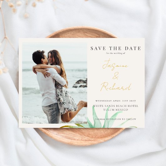 Watercolor Tropical Palm Destination Wedding Photo Save The Date