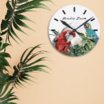 Watercolor Tropical Parrot Macaw  Runde Wanduhr<br><div class="desc">This design was created though digital art. It may be personalized in the area provide or customizing by choosing the click to customize further option and changing the name, initials or words. You may also change the text color and style or delete the text for an image only design. Contact...</div>
