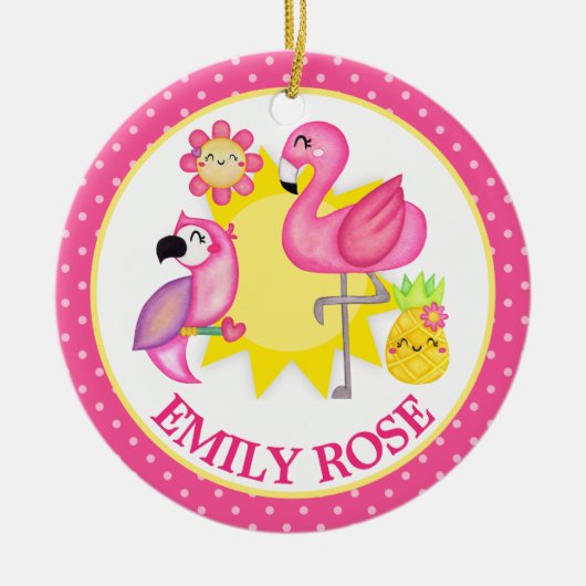 Watercolor Tropical Summer Flamingo & Parrot Keramik Ornament (Vorne)