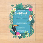 Watercolor Tropical w/Toucan Wedding Aquamarin ID5 Acryleinladungen (Vorderseite)