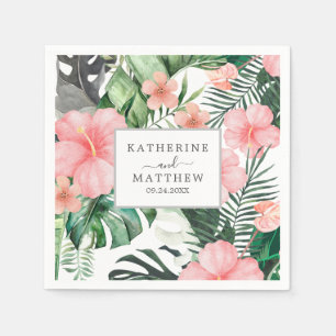 Watercolor Tropische Blume Grünpflanzen Weißes Hoc Serviette