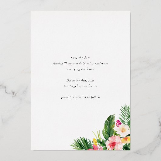 Watercolor Tropischer botanischer Rahmen Save the Folieneinladung (Rückseite)