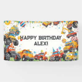 Watercolor Trucks Birthday Banner Construction Car