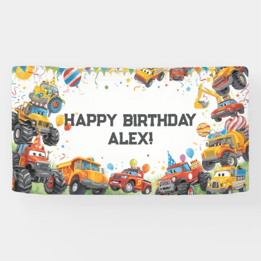 Watercolor Trucks Birthday Banner Construction Car (Horizontal)
