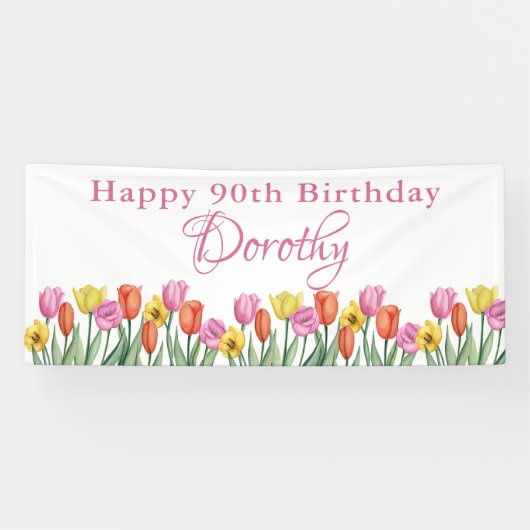 Watercolor Tulips 90th Birthday Party Banner (Horizontal)