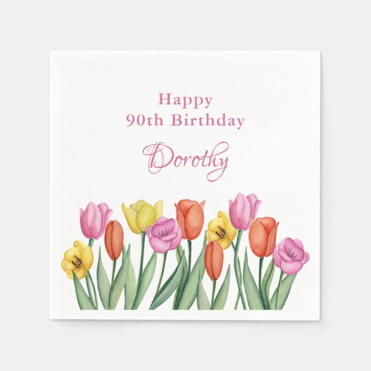 Watercolor Tulips 90th Birthday Party Serviette (Vorderseite)