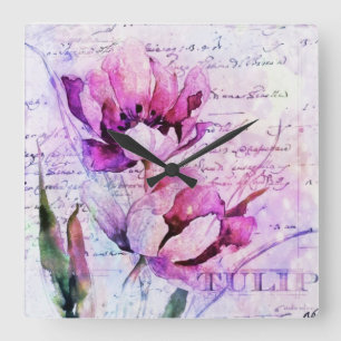 Watercolor tulips quadratische wanduhr
