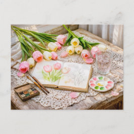 Watercolor Tulips with Brushes and Creative Vintag Postkarte